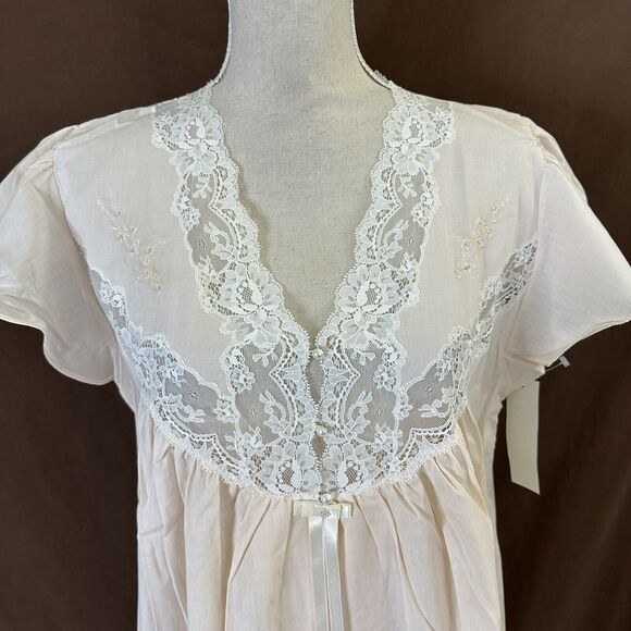 Vtg 80's Lindsey Blake Cotton Blend Pink Puffy Sleeve Lace Victorian Nightgown L - Picture 2 of 8